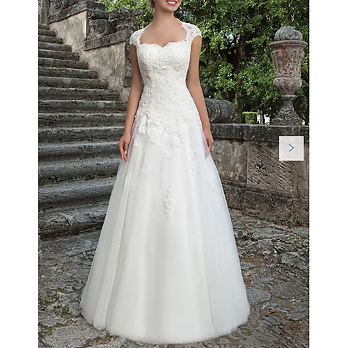 

A-Line Bateau Neck Sweep / Brush Train Lace / Tulle Short Sleeve Country Plus Size Wedding Dresses with Draping / Appliques 2020