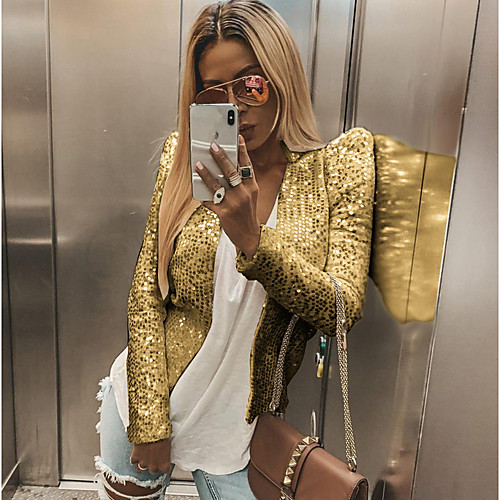 

Women's Daily Regular Jacket, Solid Colored V Neck Long Sleeve Polyester Wine / Gold / Silver