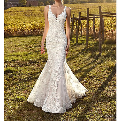 

Mermaid / Trumpet Spaghetti Strap Sweep / Brush Train Polyester Sleeveless Country Plus Size Wedding Dresses with Appliques 2020