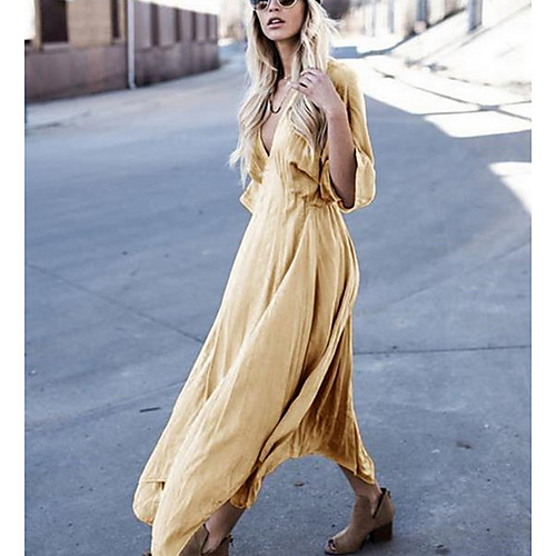 

Women's Maxi Khaki Dress Shift Solid Color Deep V S M Loose