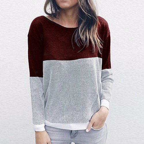 

Women's Color Block Long Sleeve Pullover Sweater Jumper, Round Neck Wine / Blue / Gray S / M / L