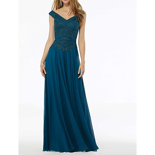 

A-Line V Neck Floor Length Chiffon Elegant / Turquoise / Teal Wedding Guest / Formal Evening Dress with Pleats / Beading 2020