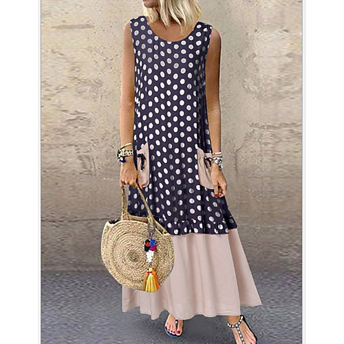 

Women's Maxi Blushing Pink Green Dress Shift Polka Dot Color Block S M Loose