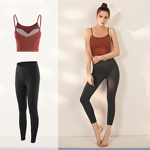 

Women's 2pcs Tracksuit Yoga Suit Cross Back Solid Color Black / Red Black / Yellow Yellow Elastane Yoga Running Fitness Leggings Tank Top Sleeveless Sport Activewear Breathable Moisture Wicking Butt