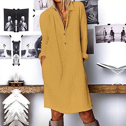 

Women's Khaki White Dress Shift Solid Color Shirt Collar S M