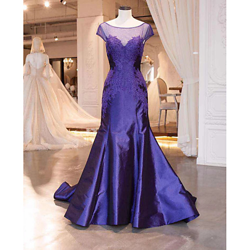 

Mermaid / Trumpet Illusion Neck Court Train Satin Elegant / Blue Engagement / Formal Evening Dress with Appliques 2020