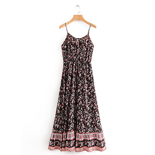 

Women's Maxi Black Dress A Line Print Strap S M