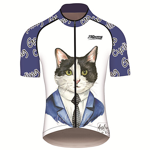 

21Grams Men's Short Sleeve Cycling Jersey 100% Polyester Blue / White Cat Animal Bike Jersey Top Mountain Bike MTB Road Bike Cycling UV Resistant Breathable Quick Dry Sports Clothing Apparel