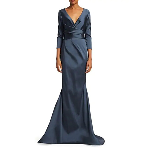 

Mermaid / Trumpet Plunging Neck Sweep / Brush Train Satin 3/4 Length Sleeve Elegant Mother of the Bride Dress with Ruching Mother's Day 2020