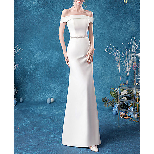 

Sheath / Column Off Shoulder Floor Length Satin Bridesmaid Dress with Crystals