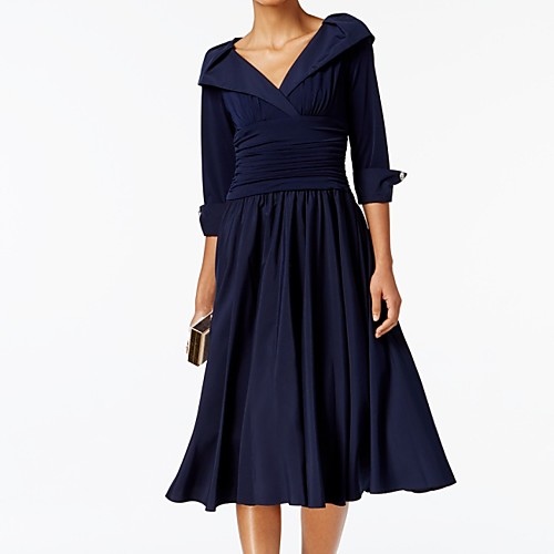 

A-Line V Neck Tea Length Polyester Half Sleeve Elegant Mother of the Bride Dress with Buttons / Ruching Mother's Day 2020