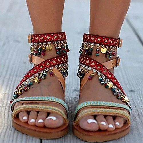 

Women's Sandals Tropezienne Sandals Summer Flat Heel Open Toe Casual Boho Daily Beach Tassel Color Block PU Brown