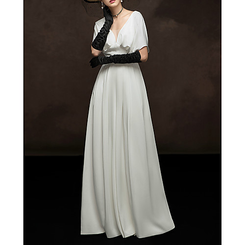 

A-Line V Neck Floor Length Satin Elegant / White Engagement / Formal Evening Dress with Pleats 2020