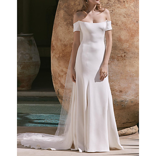 

A-Line Off Shoulder Court Train Satin Sleeveless Country Plus Size Wedding Dresses with Draping 2020