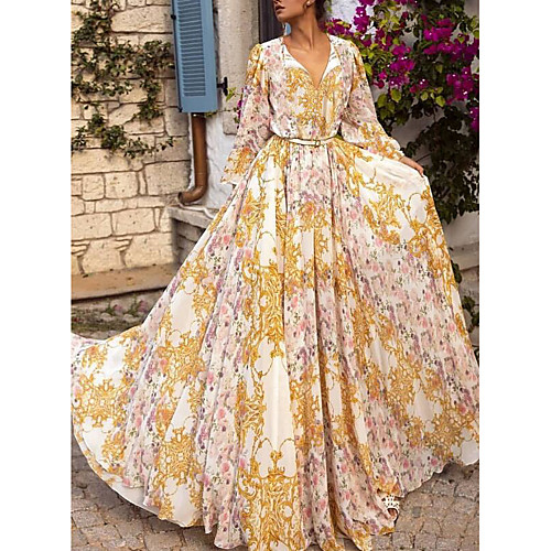 

Women's Maxi Yellow Dress Maxi Dress Spring & Summer Holiday Vacation A Line Swing Floral Print V Neck S M Slim
