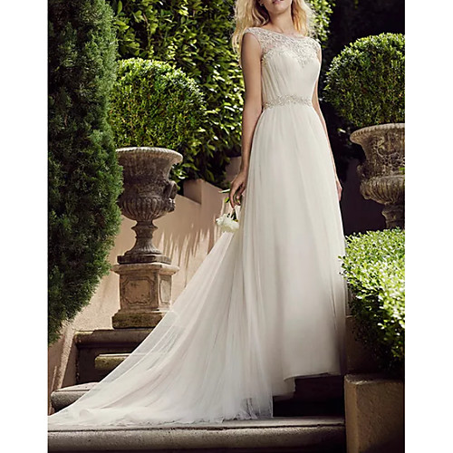 

A-Line Jewel Neck Court Train Polyester / Tulle Sleeveless Country Plus Size Wedding Dresses with Draping / Appliques 2020