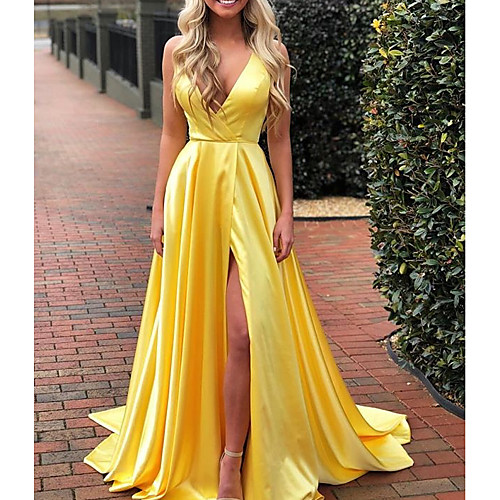 

A-Line V Neck Sweep / Brush Train Charmeuse Empire / Gold Prom / Formal Evening Dress with Pleats / Split 2020