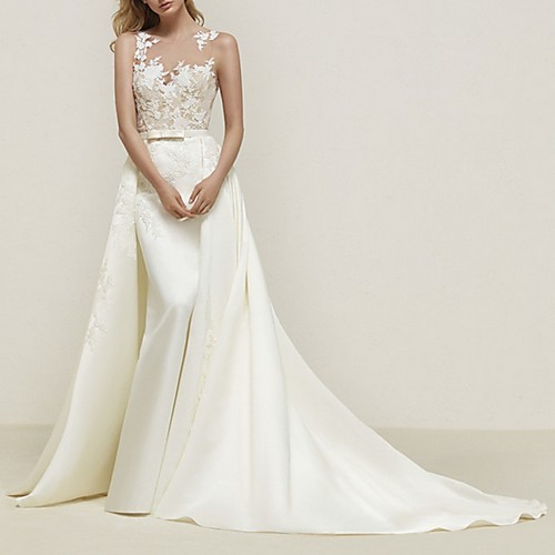 

Mermaid / Trumpet Jewel Neck Court Train Tulle Sleeveless Formal Detachable Wedding Dresses with Appliques 2020