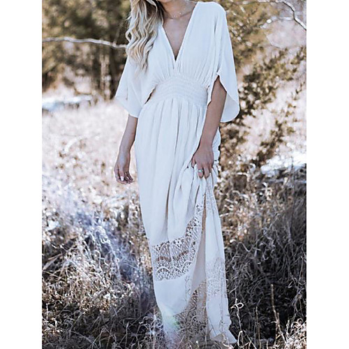 

Women's Maxi White Dress Loose Solid Color V Neck S M
