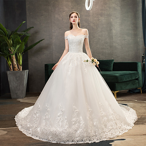 

Ball Gown Off Shoulder Watteau Train Polyester / Lace / Tulle Short Sleeve Romantic Wedding Dresses with Lace / Appliques 2020