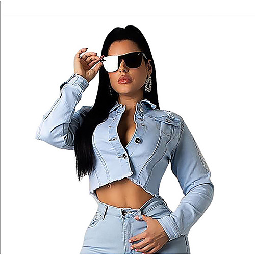 

Women's Daily Regular Jacket, Solid Colored Rolled collar Long Sleeve Polyester Light Blue