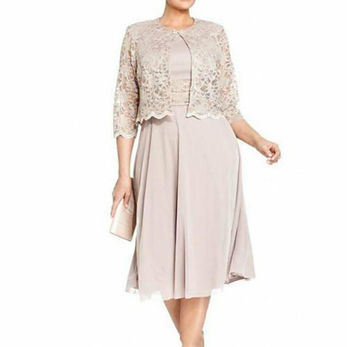 

Sheath / Column Jewel Neck Tea Length Polyester / Lace 3/4 Length Sleeve Elegant Mother of the Bride Dress with Lace Mother's Day 2020