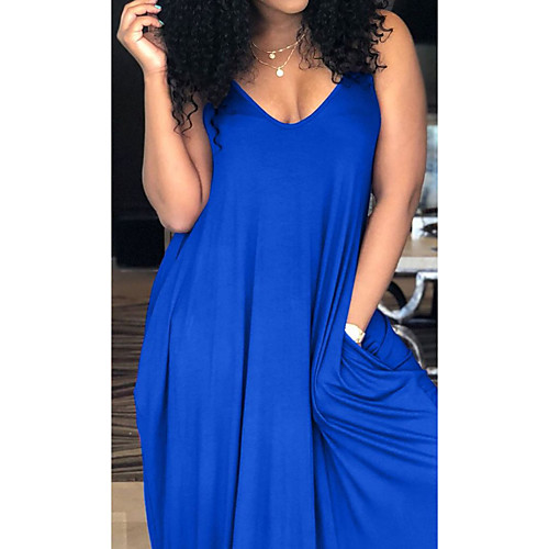 

Women's Maxi Blue Dress Shift Solid Color Strap S M Loose