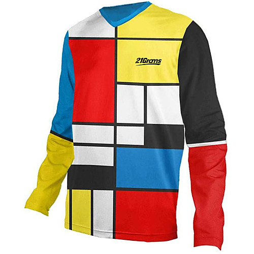 

21Grams Men's Long Sleeve Cycling Jersey Downhill Jersey Dirt Bike Jersey 100% Polyester Red / Yellow Stripes Patchwork Geometic Bike Jersey Top Mountain Bike MTB Road Bike Cycling UV Resistant