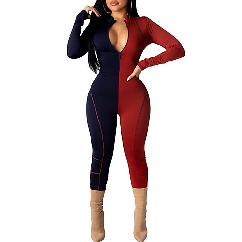 

Women's Basic Deep V Wine Harem Slim Jumpsuit Onesie, Color Block S M L