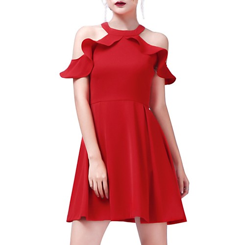 

A-Line Halter Neck Short Length Polyester Bridesmaid Dress with Ruffles