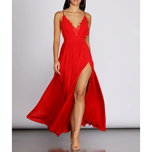 

A-Line V Neck Floor Length Polyester Sexy / Red Prom / Holiday Dress with Pleats / Split 2020