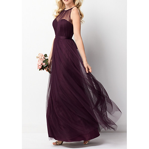 

A-Line Halter Neck Floor Length Tulle Beautiful Back / Purple Engagement / Prom Dress with Pleats 2020