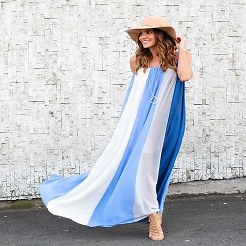 

Women's Maxi Khaki Light Blue Dress Loose Striped Strap S M Loose