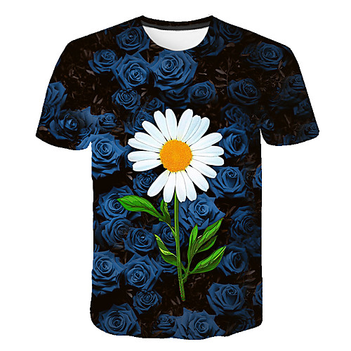 

Men's Daily Going out Basic T-shirt - Floral / 3D Daisy, Print Navy Blue