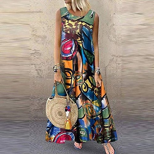 

Women's Maxi Red Green Dress Shift Geometric S M Loose