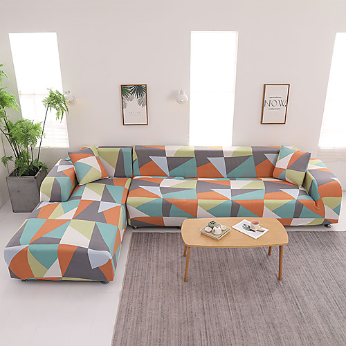 

Geometric Triangle Print Dustproof All-powerful Slipcovers Stretch L Shape Sofa Cover Super Soft Fabric Couch Cover with One Free Pillow Case