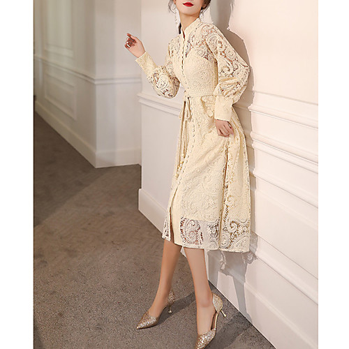 

A-Line High Neck Knee Length Lace Vintage / White Graduation / Cocktail Party Dress with Sash / Ribbon / Buttons 2020