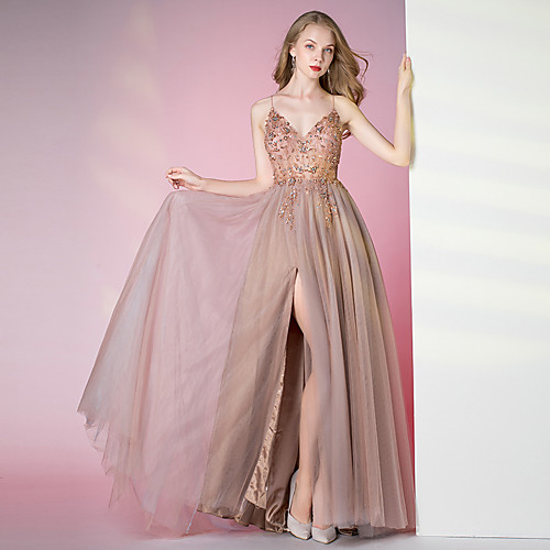 

A-Line Spaghetti Strap Floor Length Tulle Luxurious / Pink Prom / Formal Evening Dress with Beading / Crystals 2020