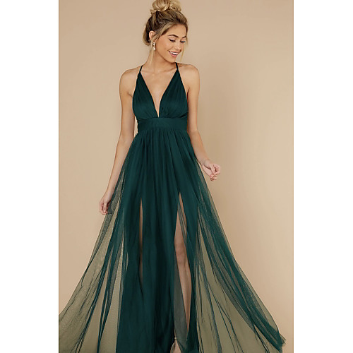 

Women's Army Green Dress Casual Sexy Holiday Beach Chiffon Solid Color Deep V Backless Mesh S M Slim / Belt Not Included