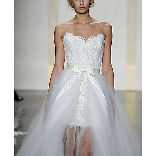 

Sheath / Column Sweetheart Neckline Short / Mini Lace Sleeveless Formal Detachable Wedding Dresses with Bow(s) / Cascading Ruffles 2020