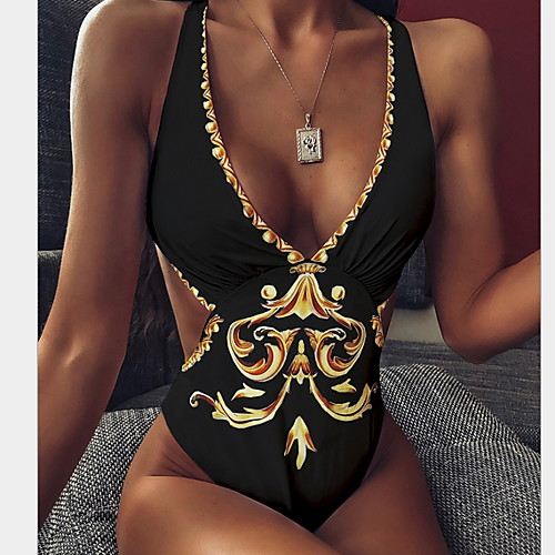 

Women's Black White One-piece Swimwear Swimsuit - Geometric S M L Black