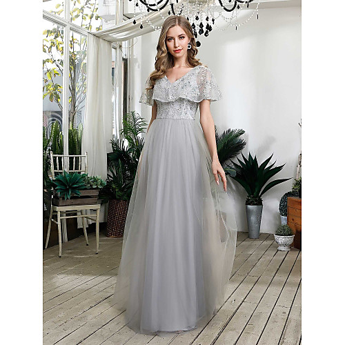 

A-Line V Neck Floor Length Tulle / Sequined Grey Prom / Formal Evening Dress with Sequin 2020