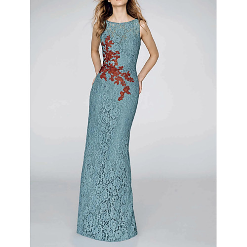 

Sheath / Column Jewel Neck Floor Length Lace Floral / Turquoise / Teal Engagement / Formal Evening Dress with Split / Appliques 2020