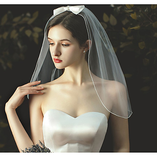 

One-tier Cute Wedding Veil Shoulder Veils with Satin Bow / Solid 23.62 in (60cm) Tulle