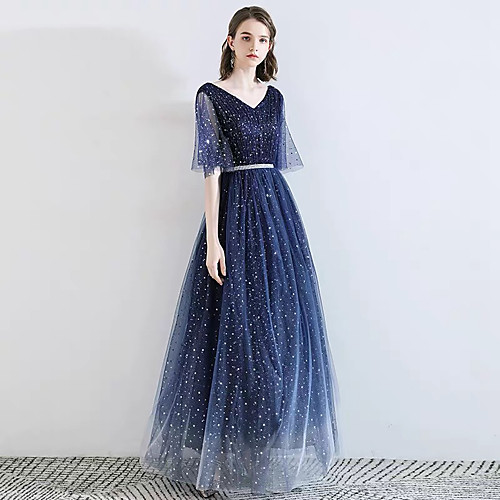 

A-Line V Neck Floor Length Lace / Satin / Tulle Sparkle / Blue Prom / Formal Evening Dress with Beading / Sash / Ribbon 2020