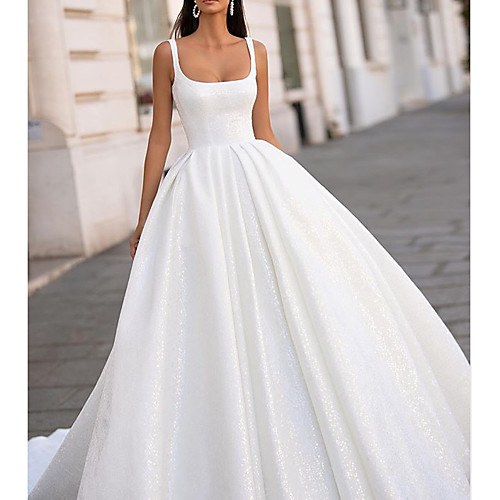 

A-Line Scoop Neck Sweep / Brush Train Satin Sleeveless Country Plus Size Wedding Dresses with Draping 2020