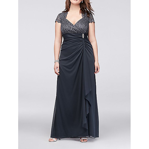 

Sheath / Column V Neck Floor Length Polyester Short Sleeve Elegant Mother of the Bride Dress with Beading / Sequin Mother's Day 2020