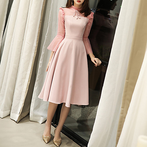 

A-Line High Neck Tea Length Spandex Elegant / Pink Party Wear / Cocktail Party Dress with Pleats 2020