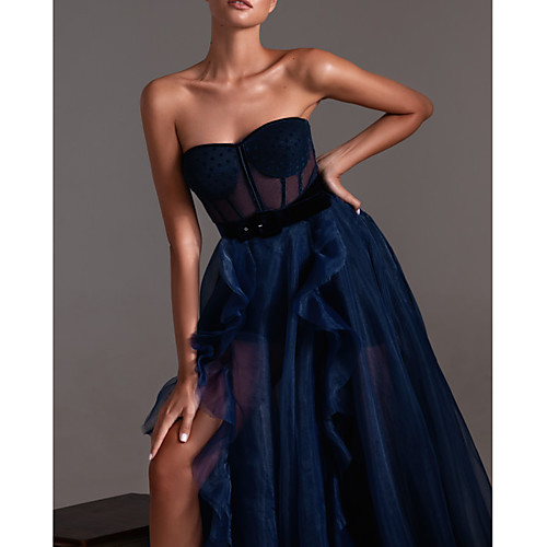 

A-Line Sweetheart Neckline Court Train Tulle Sexy / Blue Engagement / Formal Evening Dress with Pleats / Ruffles / Split 2020