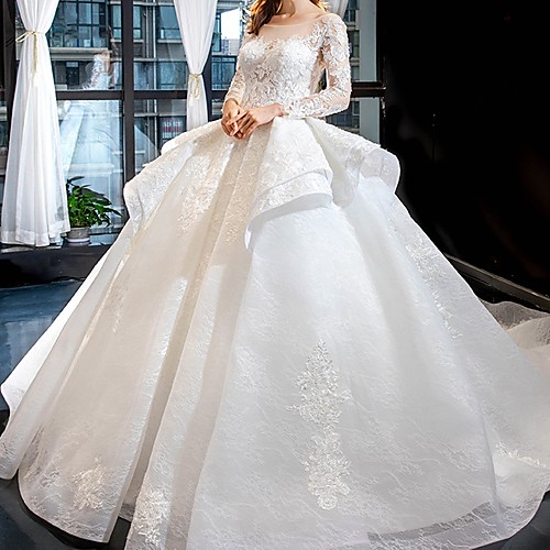 

Ball Gown Jewel Neck Sweep / Brush Train Lace Long Sleeve Beach Wedding Dresses with Lace Insert / Embroidery 2020
